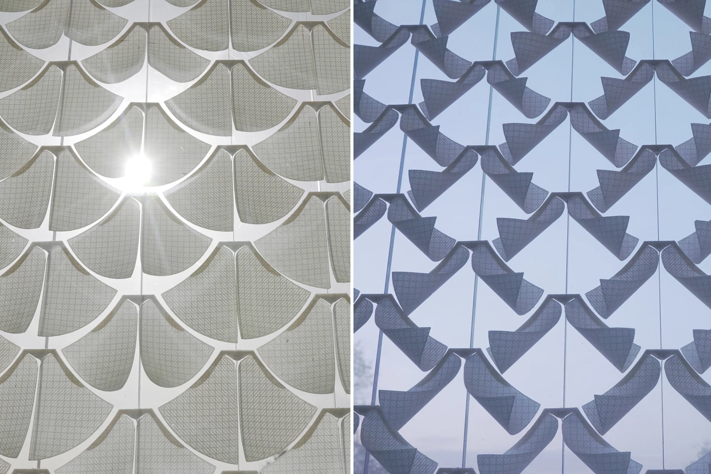 A Solar Gate window unit in both its sun-blocking (left) and "sun-open" states