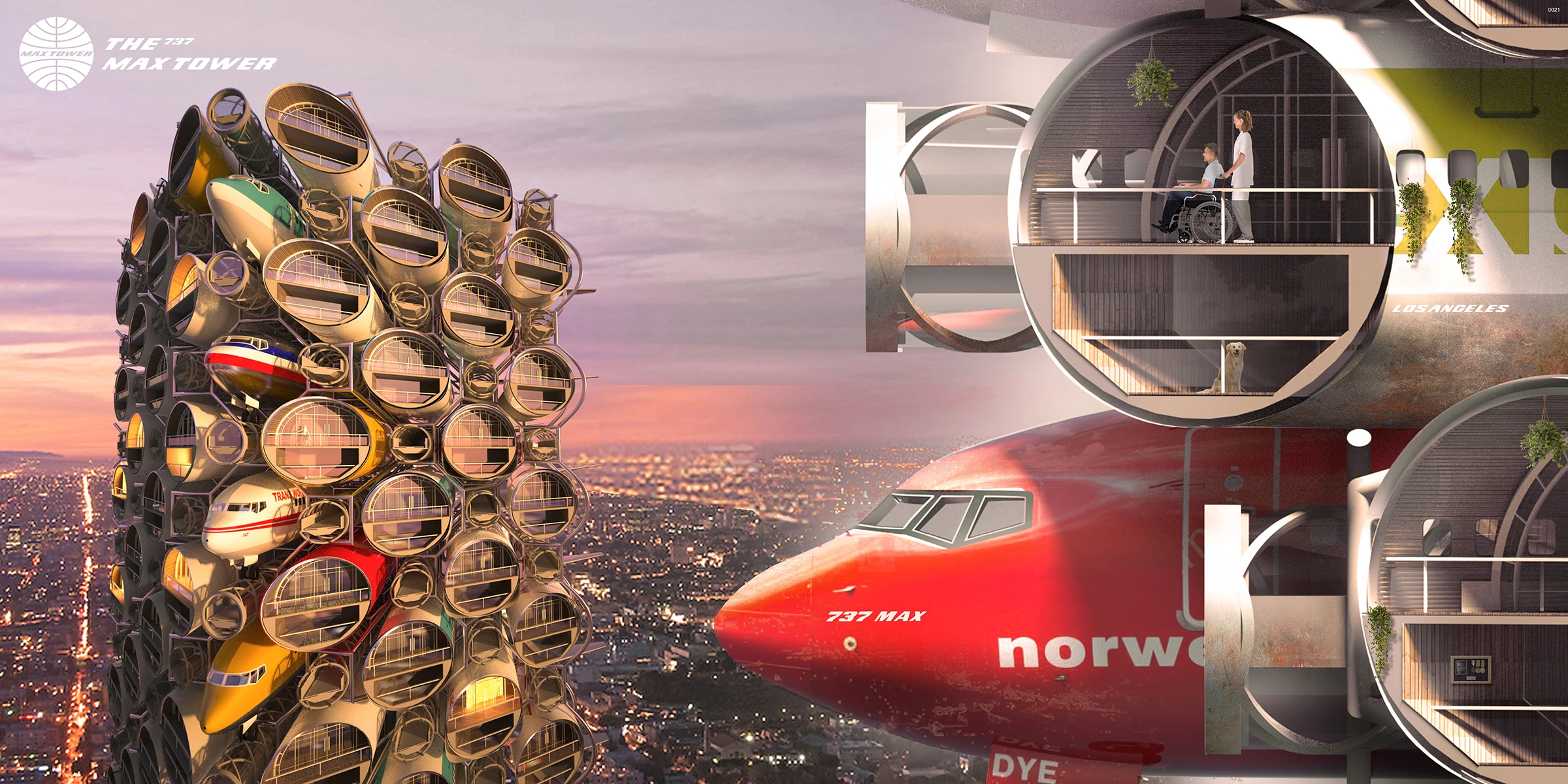 The Boeing 737 Max Tower, an honorable mention in the eVolo 2020 Skyscraper Competition