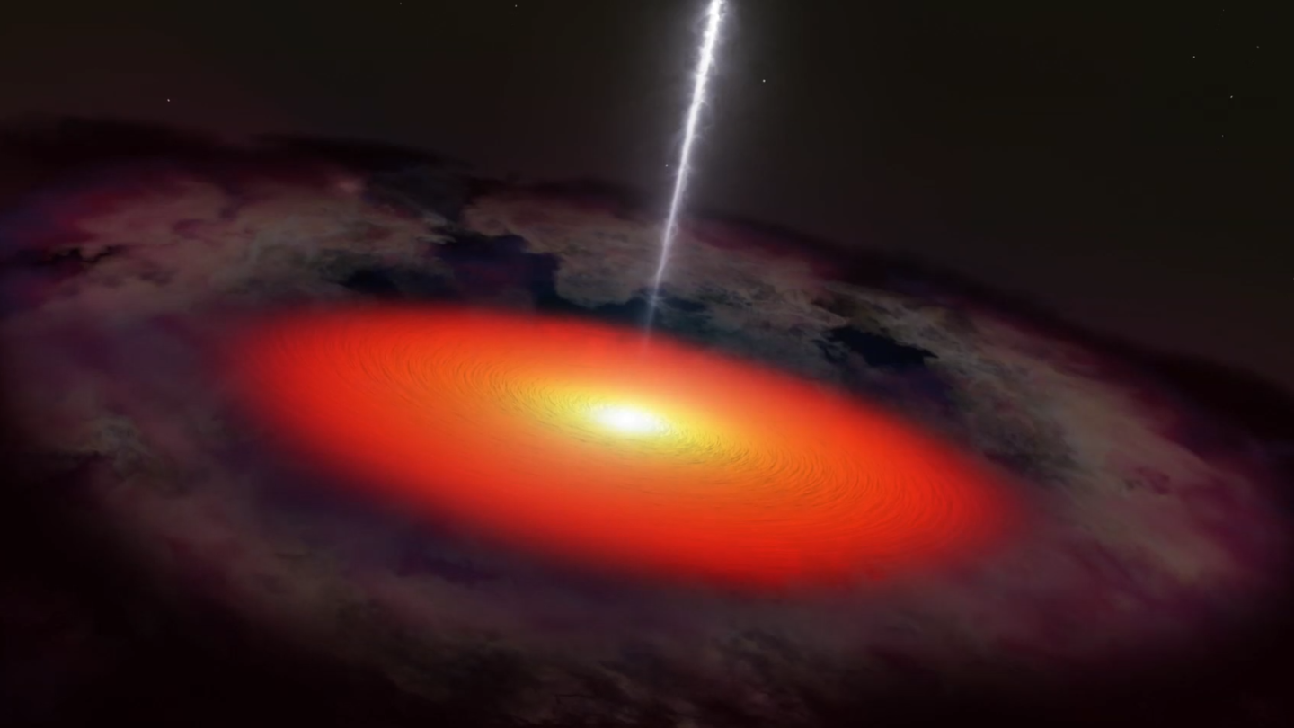 A blazar is an active galaxy with a supermassive black hole at its center, which is throwing two jets of high-energy particles out from its core – and it appears so bright because one of those jets is pointed straight at Earth
