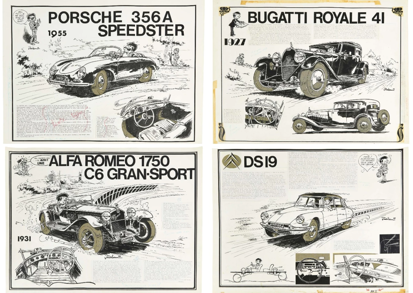 If you live in the United States, or for that matter, outside of Europe, it is difficult to comprehend the importance of matters automotive. In France, Germany and Great Britain, motor racing has for the last century been as much part of the daily conversation of the populace as the weather, and many automotive artifacts that are inconsequential in America, are of immense cultural importance in Europe. This is one such example, where the tradition of narrative art in Europe and the publication of the weekly comic art Le Journal de Spirou resulted in a much loved series of automotive posters by Jean de Mesmaeker (Jidéhem). The original art of the posters which comprised the The Chronicle of Starter were up for grabs and they did not disappoint. Sold for $7,964 (€6,500) each each.