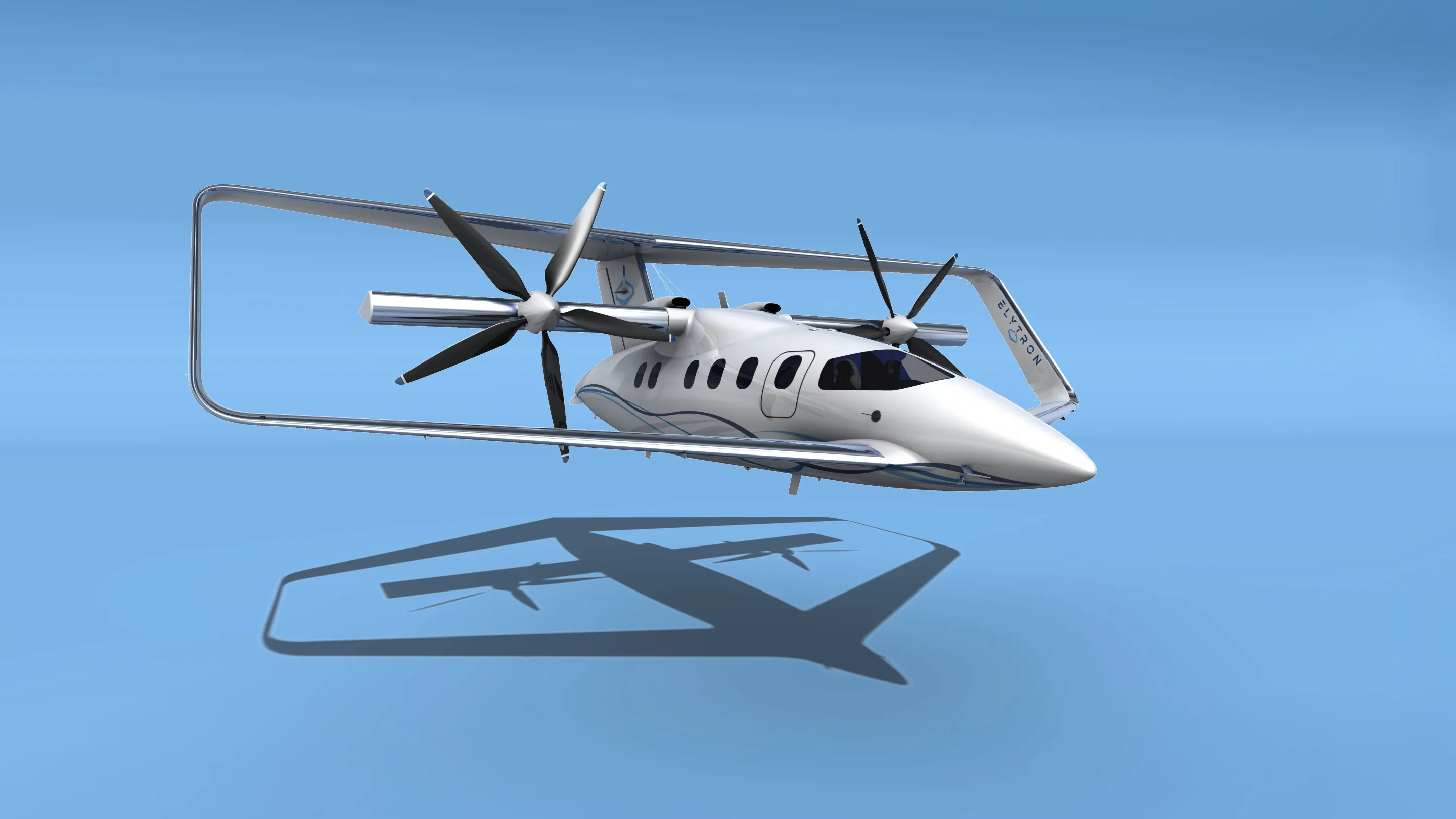 A Elytron 2S (shown here in a proposed seven-seater version) is a tiltrotor aircraft that uses a Prandtl's box wing design
