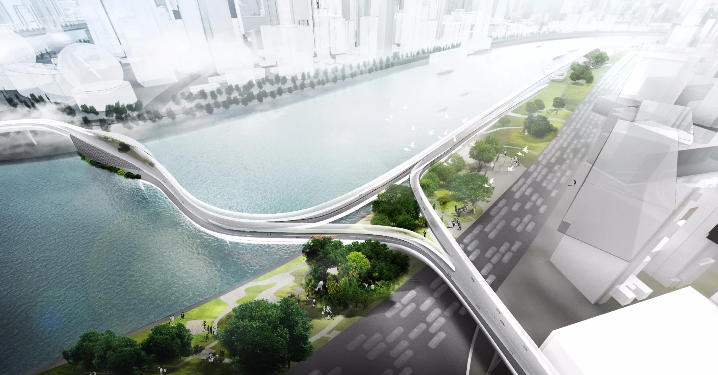 BMW's Vision E³ Way: elevated roadways will connect major transit stops