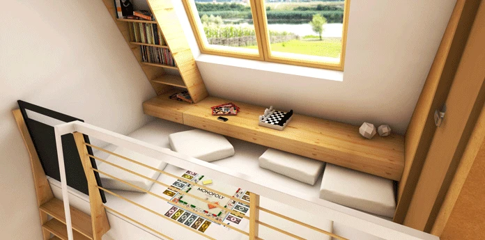 The extra overhead zone provides the small home with added space, suitable to be used as a guest bedroom, playroom or home office