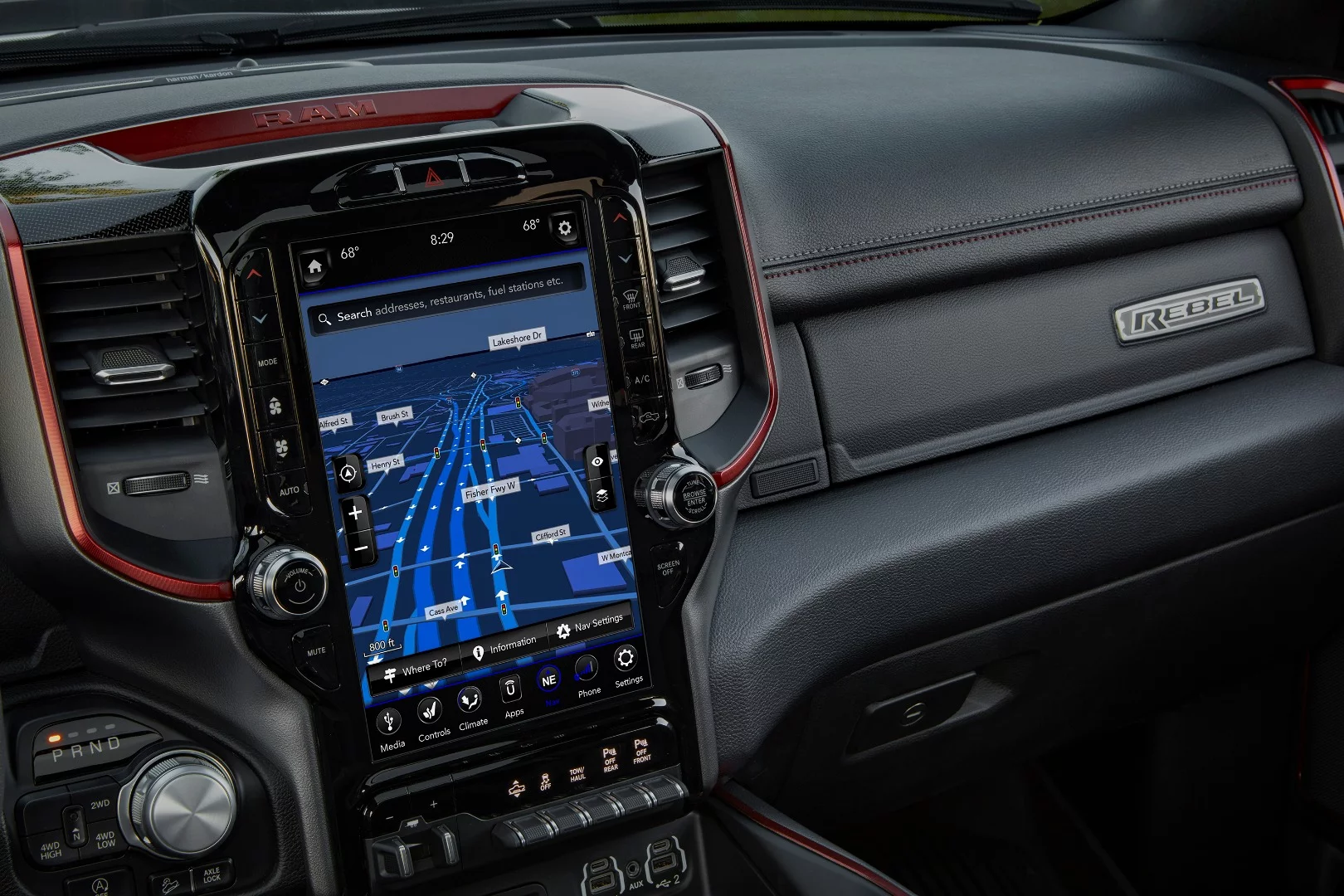 With 3-D navigation shown in full-screen on the 2019 Ram 1500's 12-inch Uconnect system, maps become easier to read (shown here in "dark" when headlights are active)