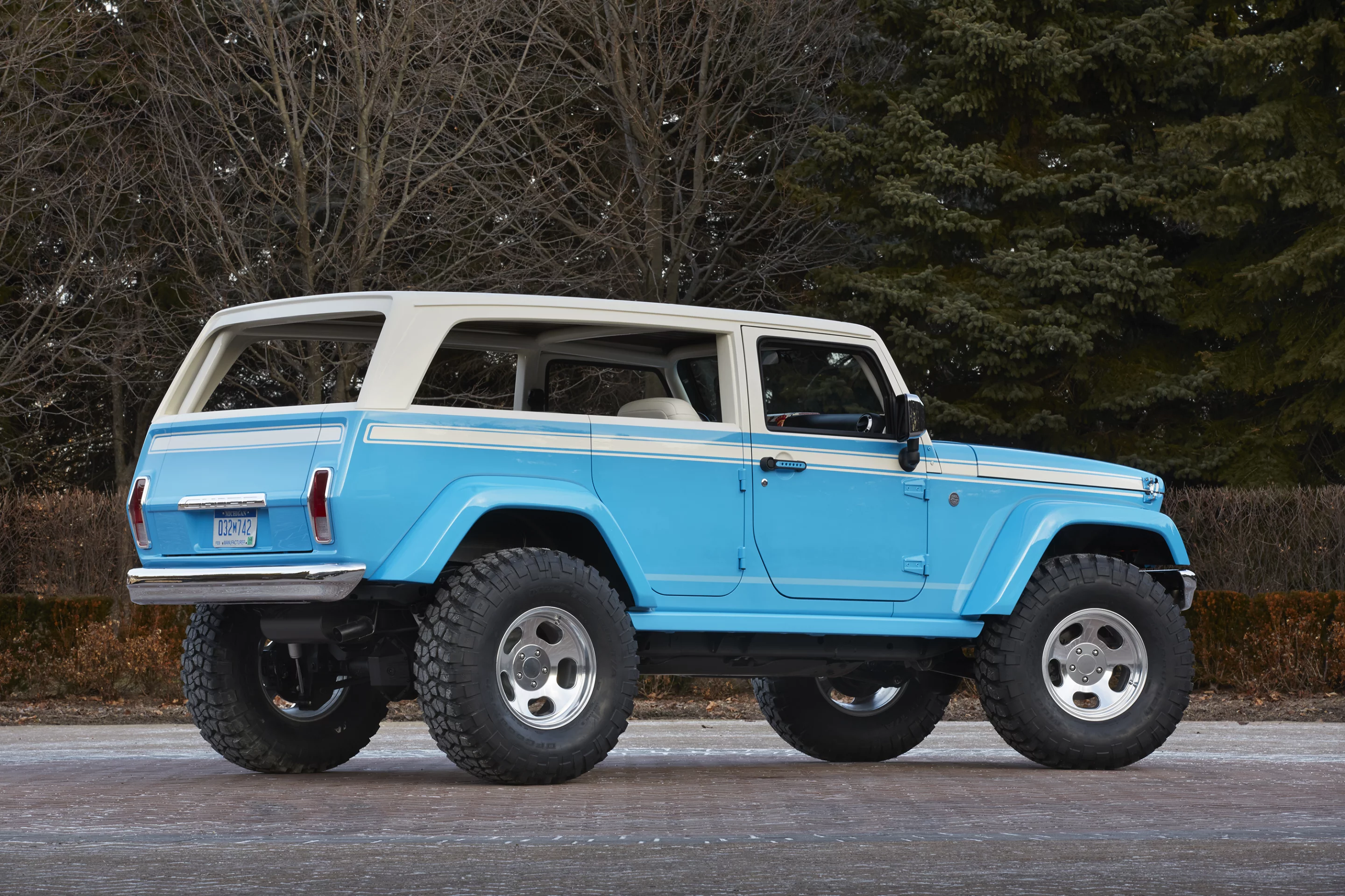 The Jeep Chief is painted in Ocean Blue, hinting at its surfy interior