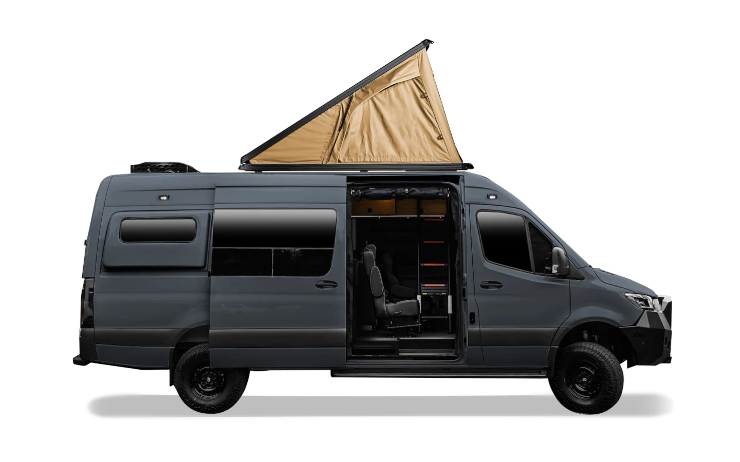 Unlike a rooftop tent, the Cloud Cap is accessed from inside the van via an indoor ladder