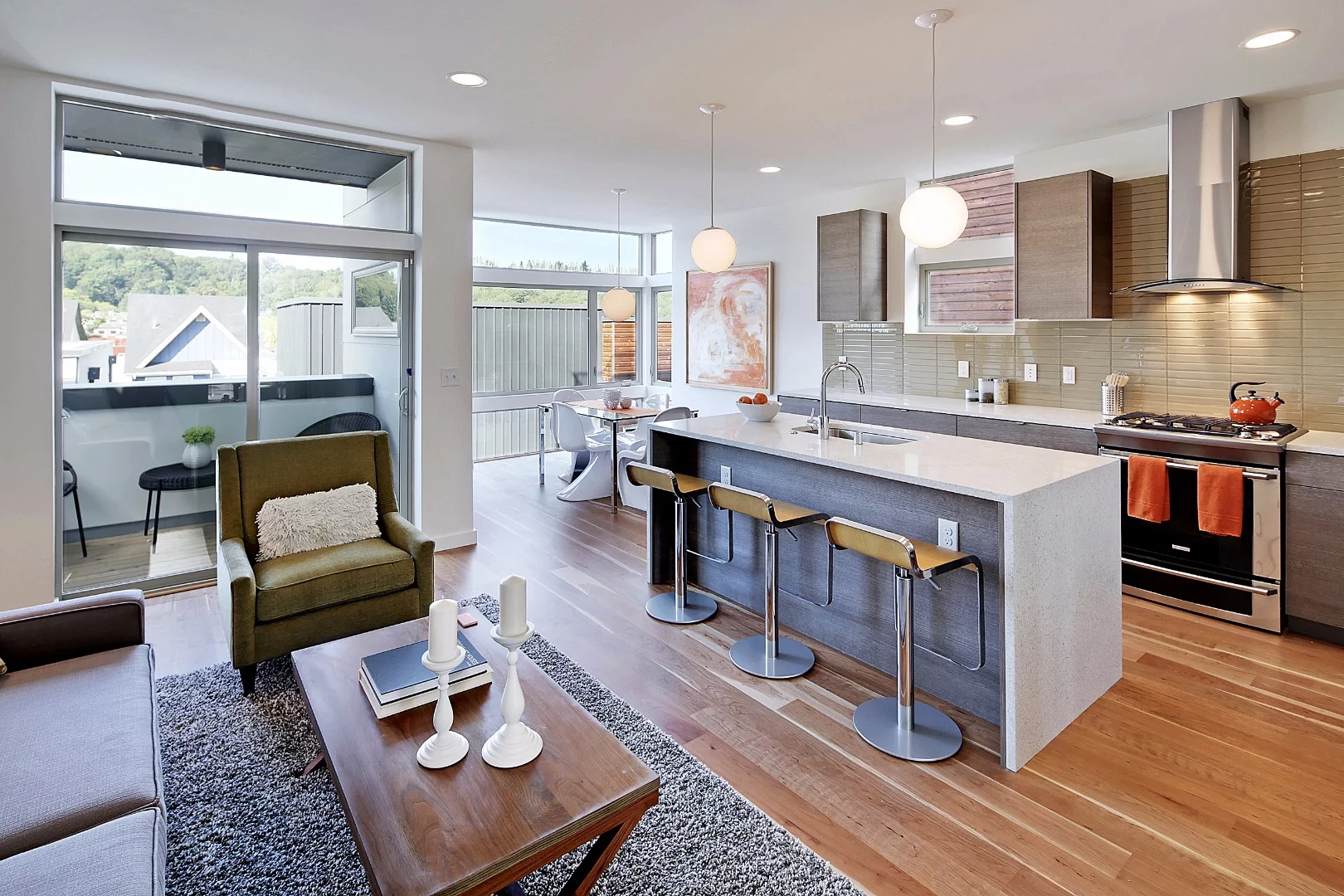 A kitchen and living area at one of the New Rainier Vista houses
