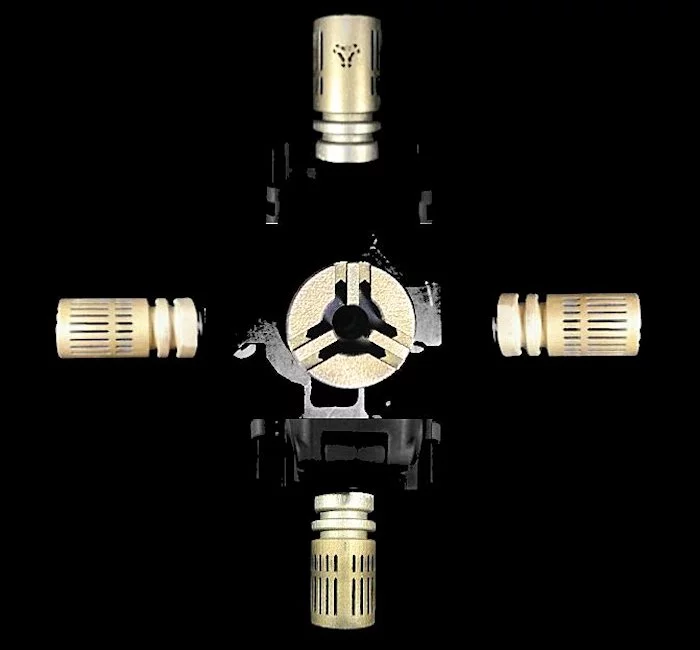 Sintercore's Auxetic Inconel muzzle break. The central image is a target's eye view of the device, and the other images are rotations from that position (Photo: Sintercore)