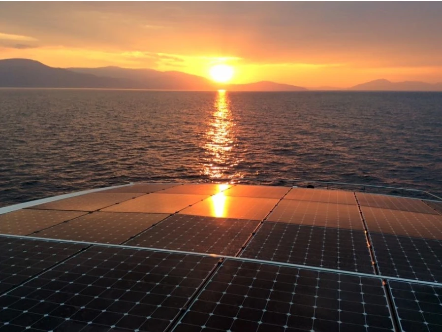 The yacht's large roof is clad with photovoltaic panels