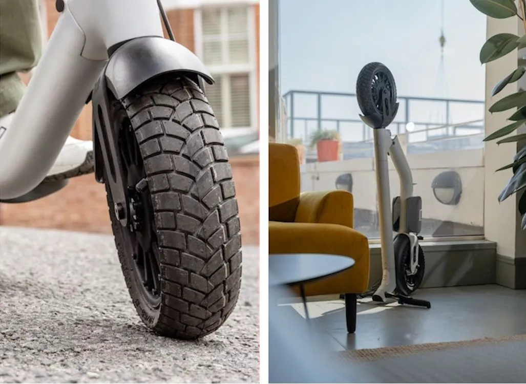 The Taur II electric scooter rolls on 12.5 puncture-resistant pneumatic tires, and can fold for between-ride storage