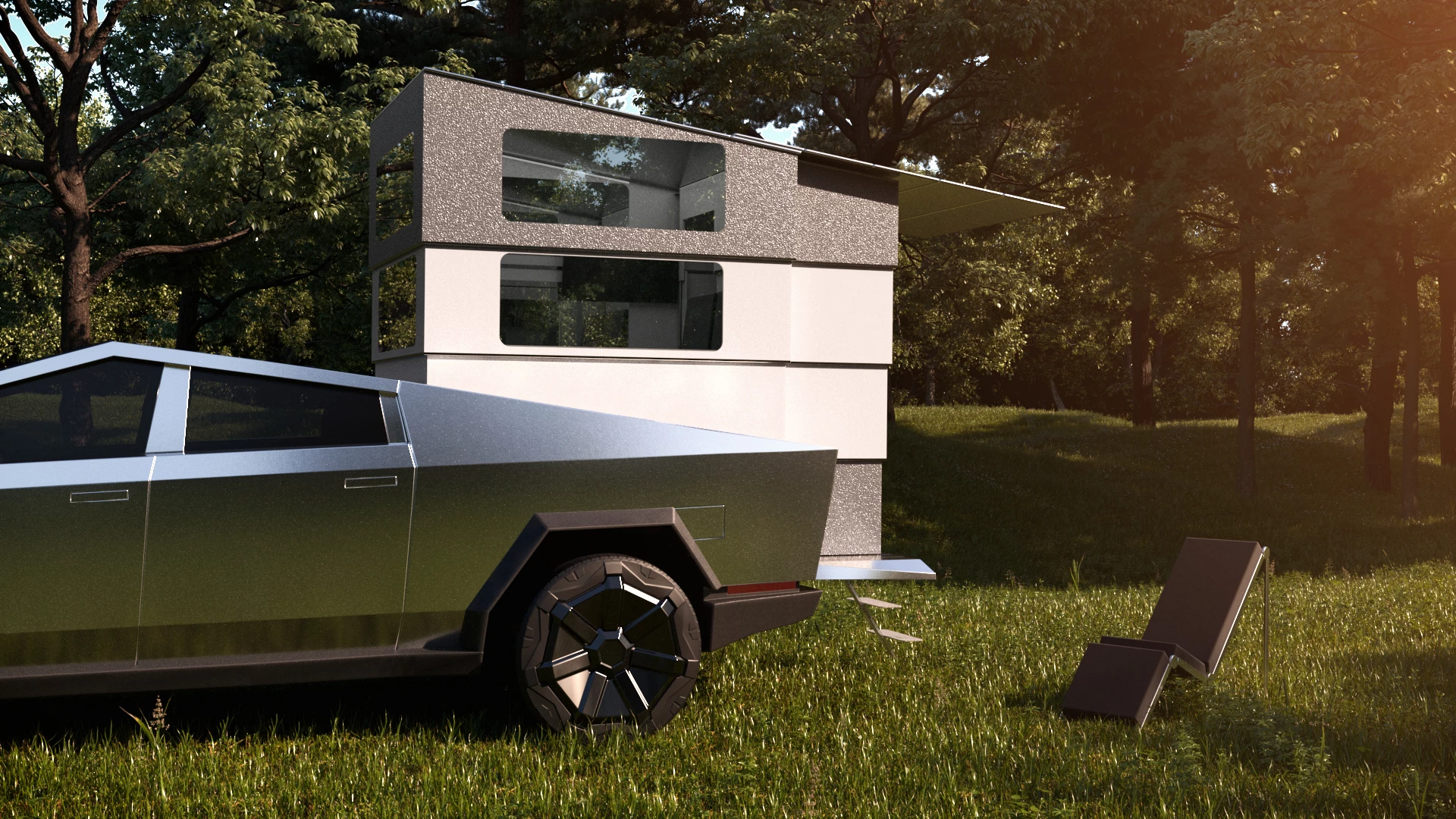 The CyberLndr pickup camper expands to turn the Tesla Cybertruck into a base camp