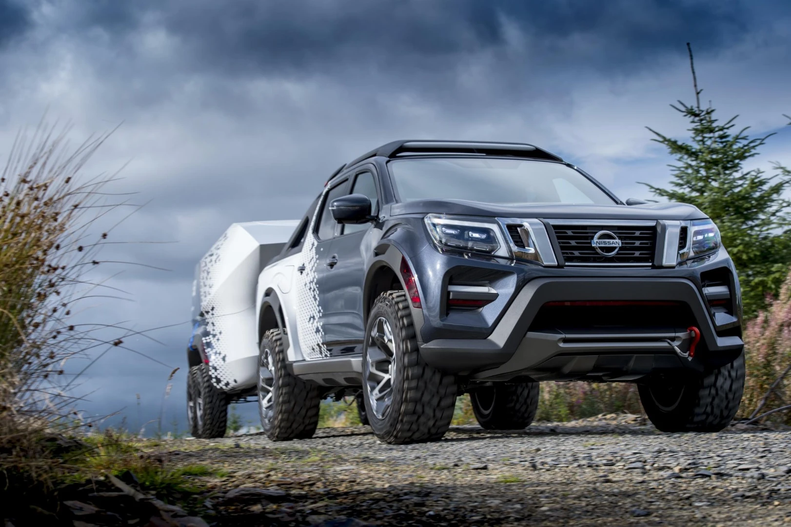 Both the Navara and trailer wear off-road tires, helping them navigate rough ground to get to distant dark sky places