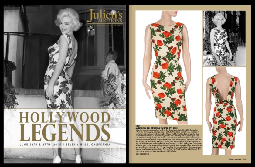This silk crepe large rose-print dress with deep V cut back, worn in the never completed 'Something's Gotta Give'. Marilyn got herself fired from the 20th Century-Fox film but when co-star Dean Martin said he would not do the movie without her, she was re-hired but died before filming was completed. The Jean Louis designed dress sold for $348,000 at a Julien's auction of June 27, 2015.