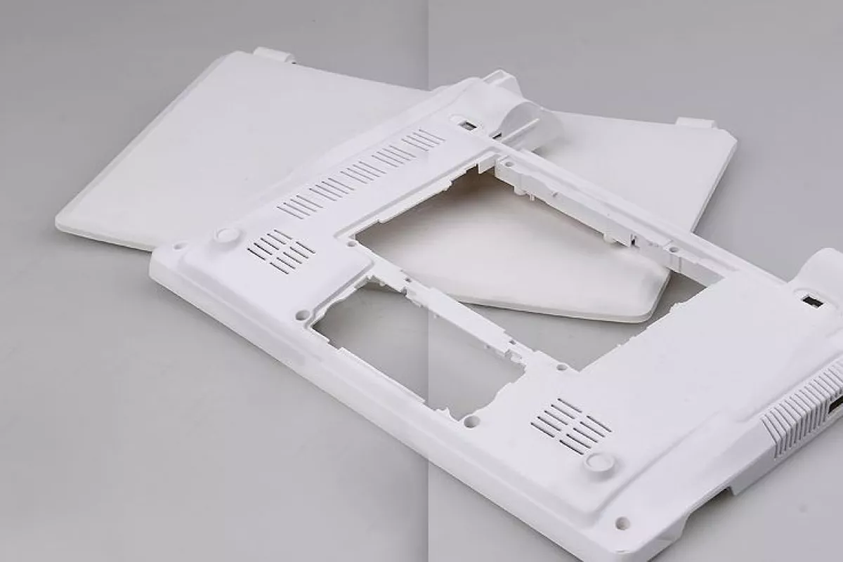 A laptop shell made from Paper PP Alloy, a new composite material made from recycled paper and polypropylene