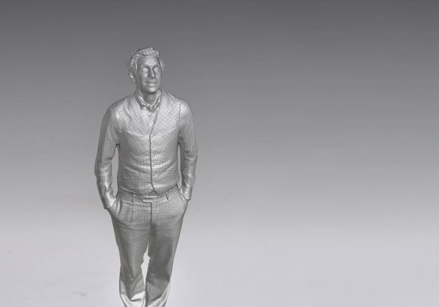 The generated model data is highly detailed, capturing wrinkles in cloth