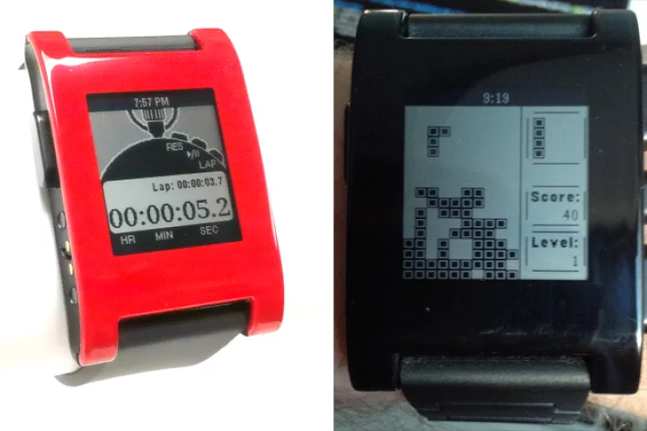 A stopwatch design and Tetris-like game (Pebblis) developed using Pebble's recently released SDK (Photo: Michael Regan)
