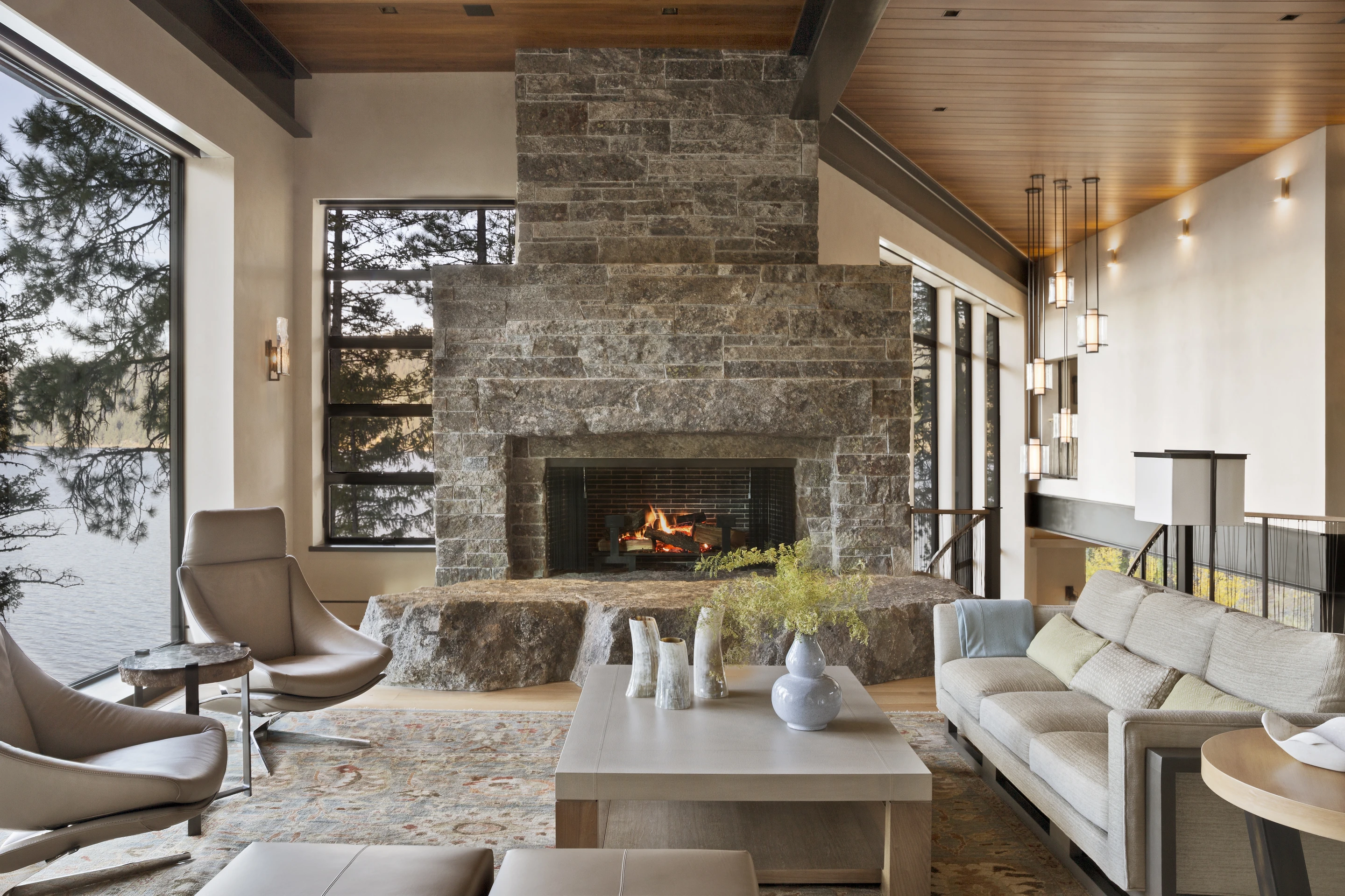 Granite fireplace inside the Cliff House