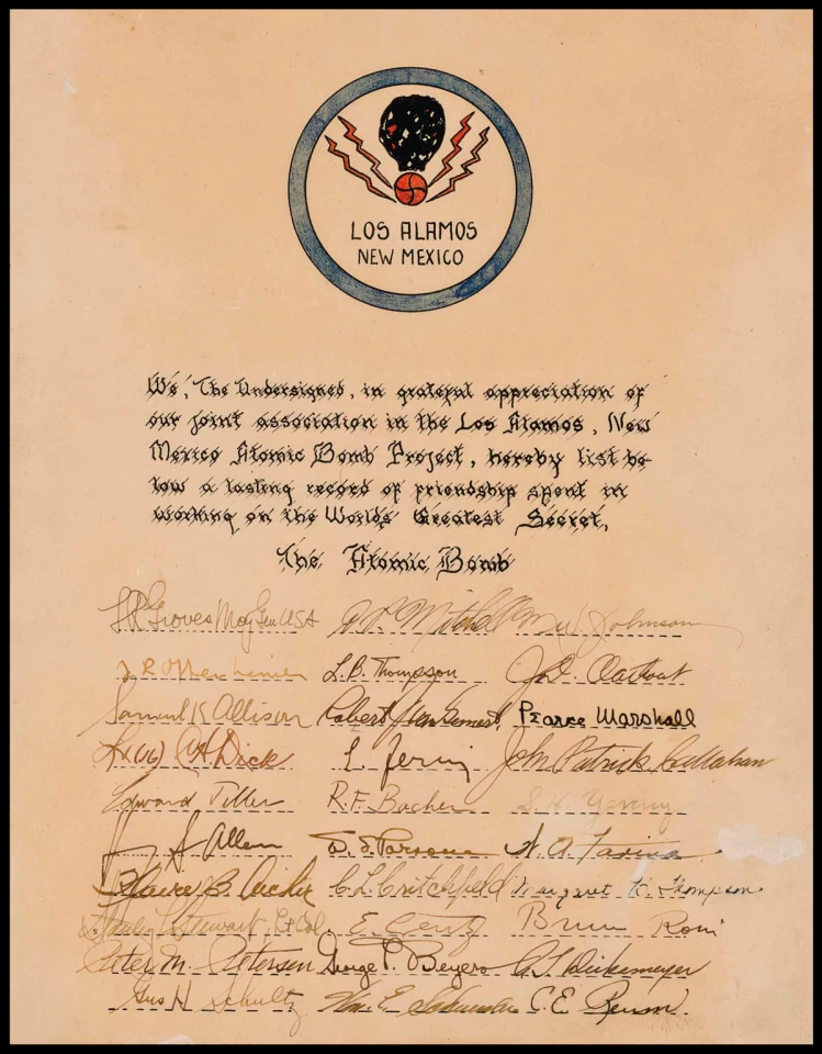 The last time anything even remotely like this lot went to auction was a decade ago (19 Jun 2014) when a quarto-sized card that had been signed by 30 people from the "Los Alamos New Mexico Atomic Bomb Project" went to auction at Christie's from the celebrated Forbes Collection. Malcolm Forbes (best known as the publisher of Forbes magazine) was exceptionally good at picking winners, so despite an official Christie's expectation of US$3,000 to $5,000, the card sold for $161,000.