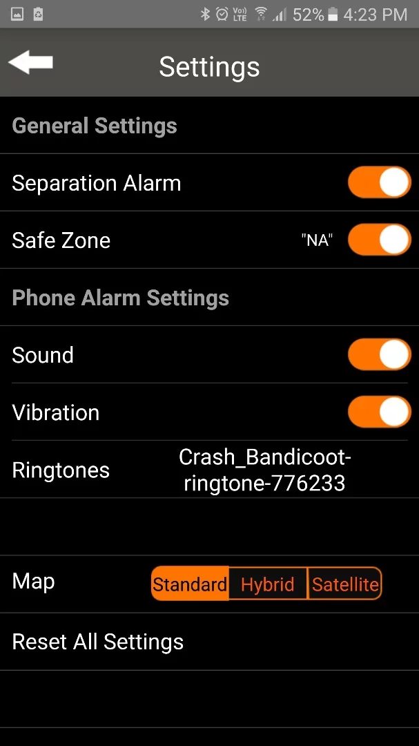 In the settings menu, users can set a Separation Alert, which will trigger both the Orbit Card and the phone to ring if they get too far apart, and a Safe Zone so this won't happen while both are within range of the same Wi-Fi router