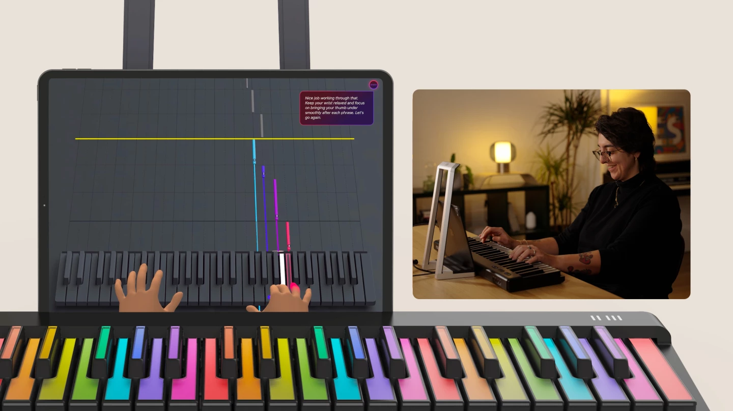 A close-up view of piano practice with ROLI’s AI Music Coach, which analyzes finger positioning and movement rather than just the notes played