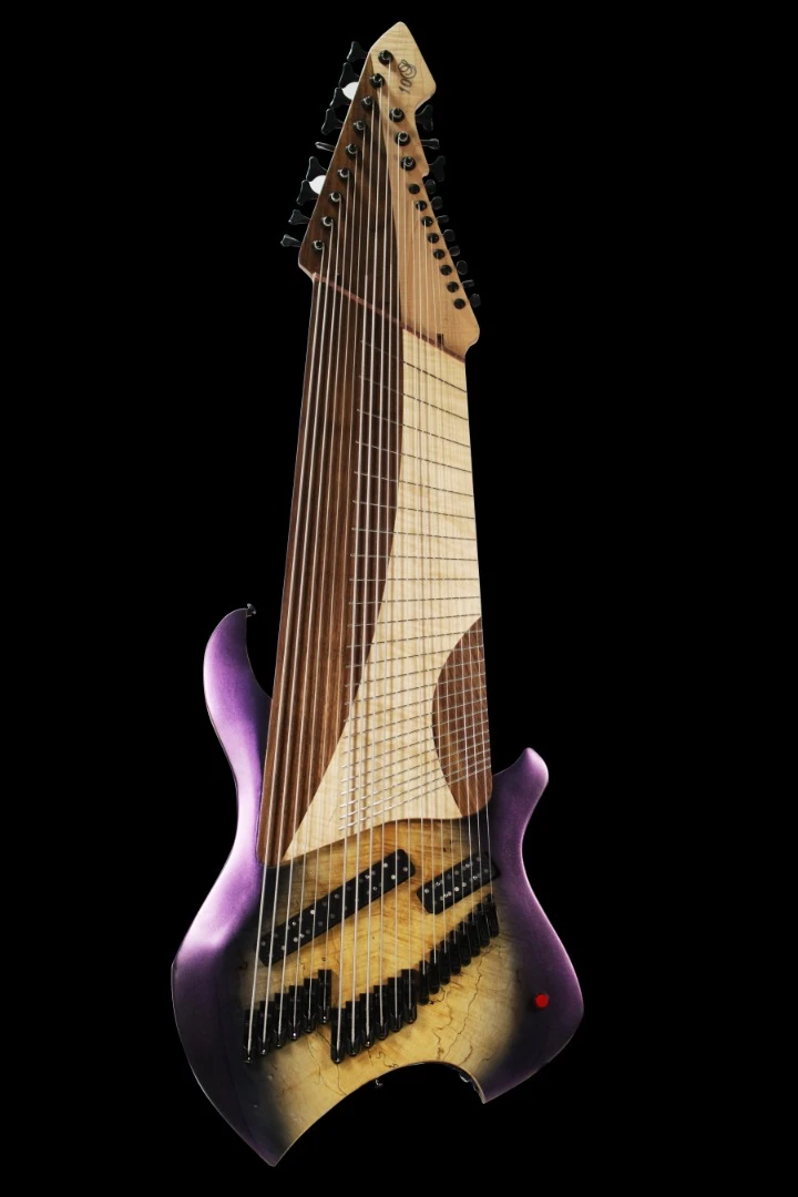 The Djentar's black walnut body is topped by spalted maple and given a chameleon burst finish. It has a nine piece, 25.5-35 inch multi-scale flame maple and rosewood neck topped by an eye-catching three piece wave fingerboard made of the same woods