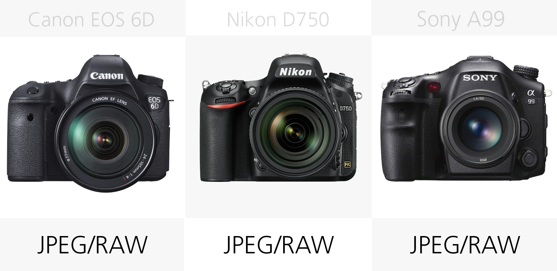 Full frame DSLR filetype comparison Canon EOS 6D, Nikon D750, Sony A99
