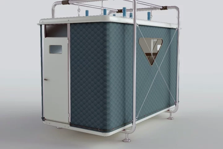 The shelter offers some of the benefits of a tent, but sports a fiberglass roof and floor, and real doors