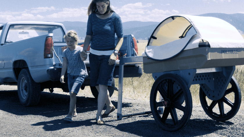 The Polymule handle folds in half to hold the trailer up