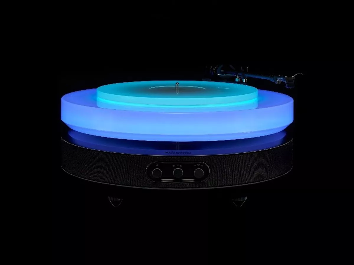 The Hotaru turntable's light show can remain as a single hue, transition through 20 shades or dance to the music