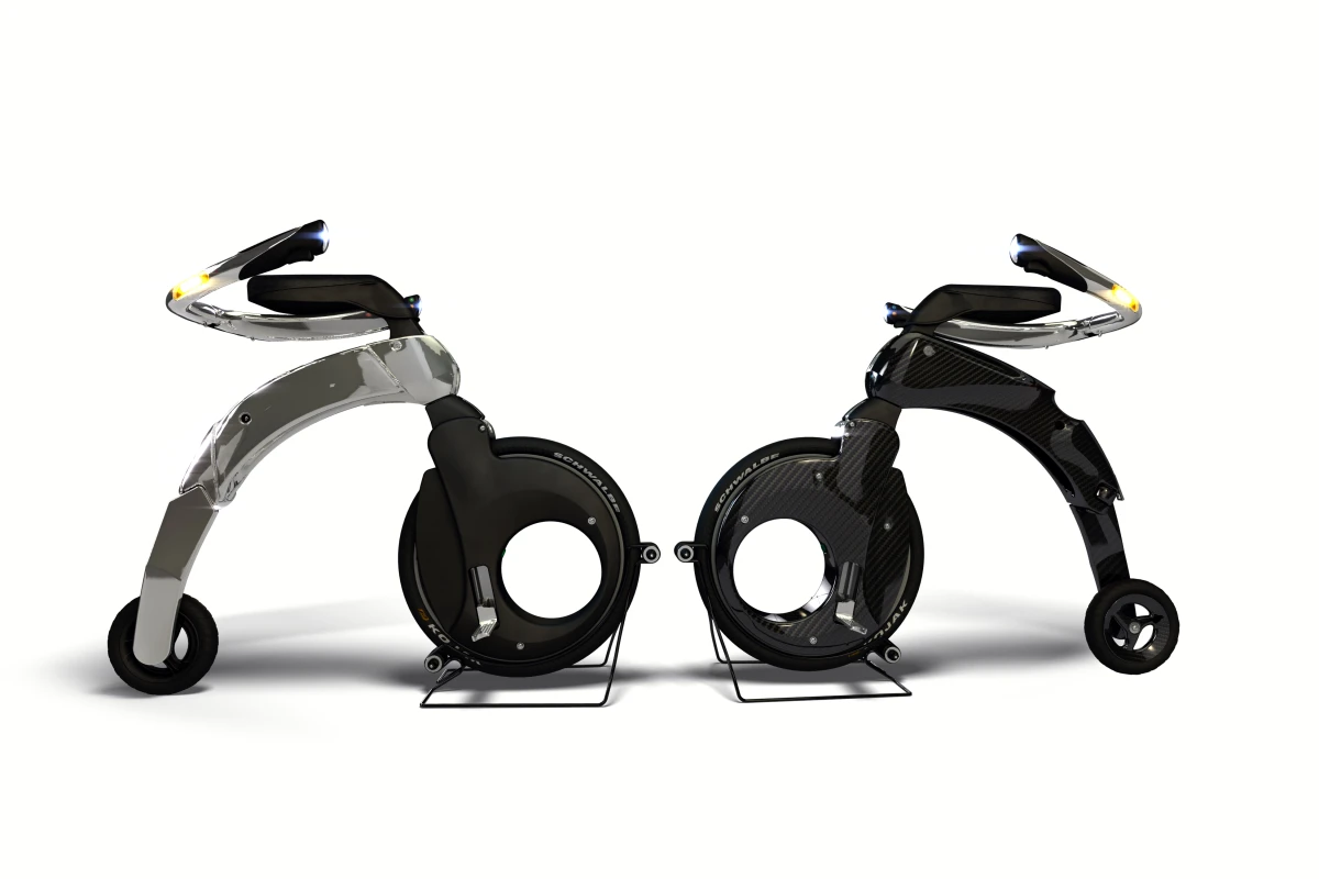 The Yikebike is a miniature, electric penny farthing made of carbon fiber capable of 25km/h (15 mph) with a range of 10 km or 20 km if you carry a spare battery
