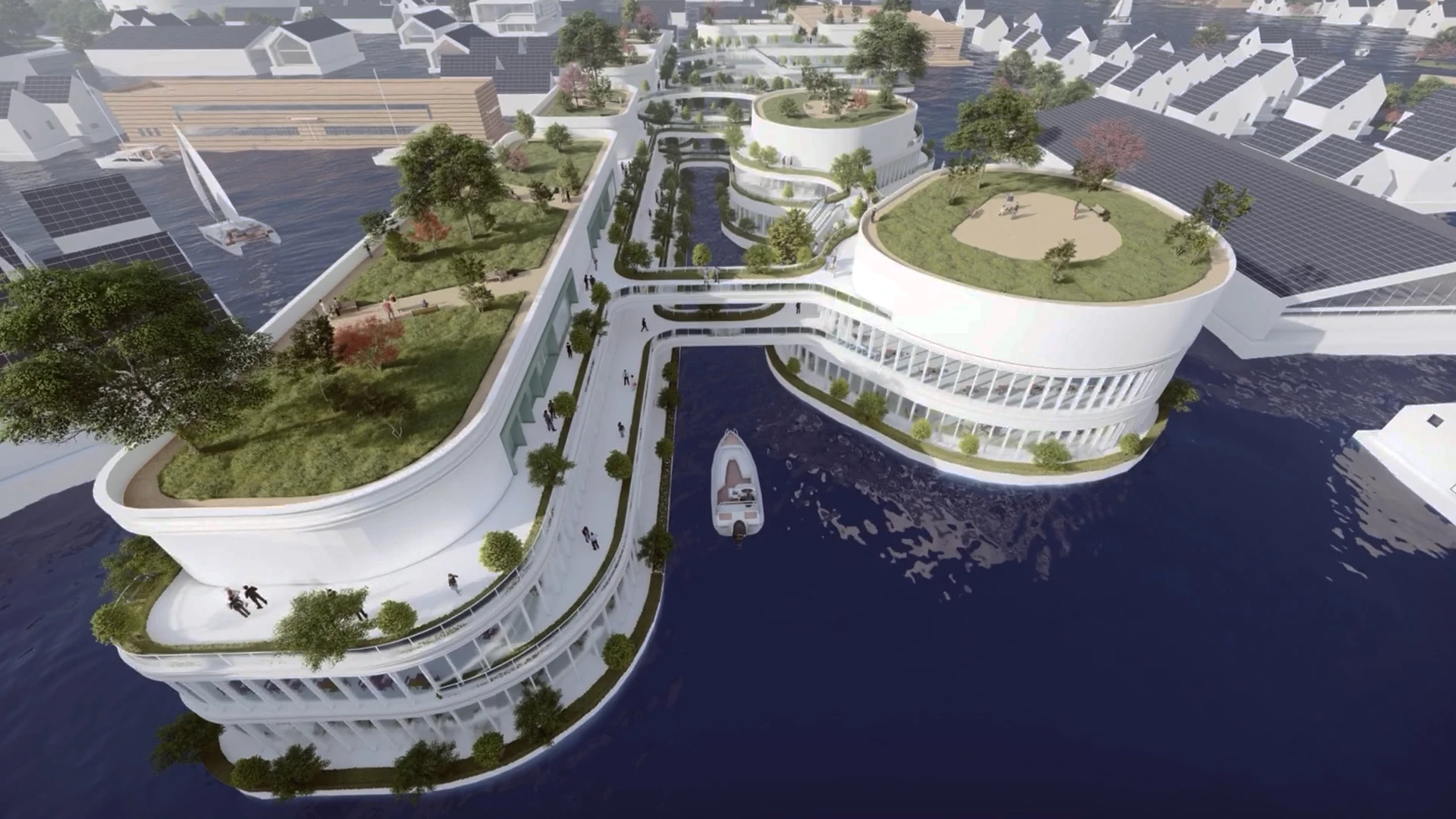 Dogen City's ring-shaped structure would create a sheltered bay that would host floating architecture inside