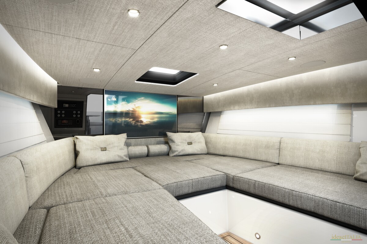 The NY24 includes a large U-shaped couch and audio/video system