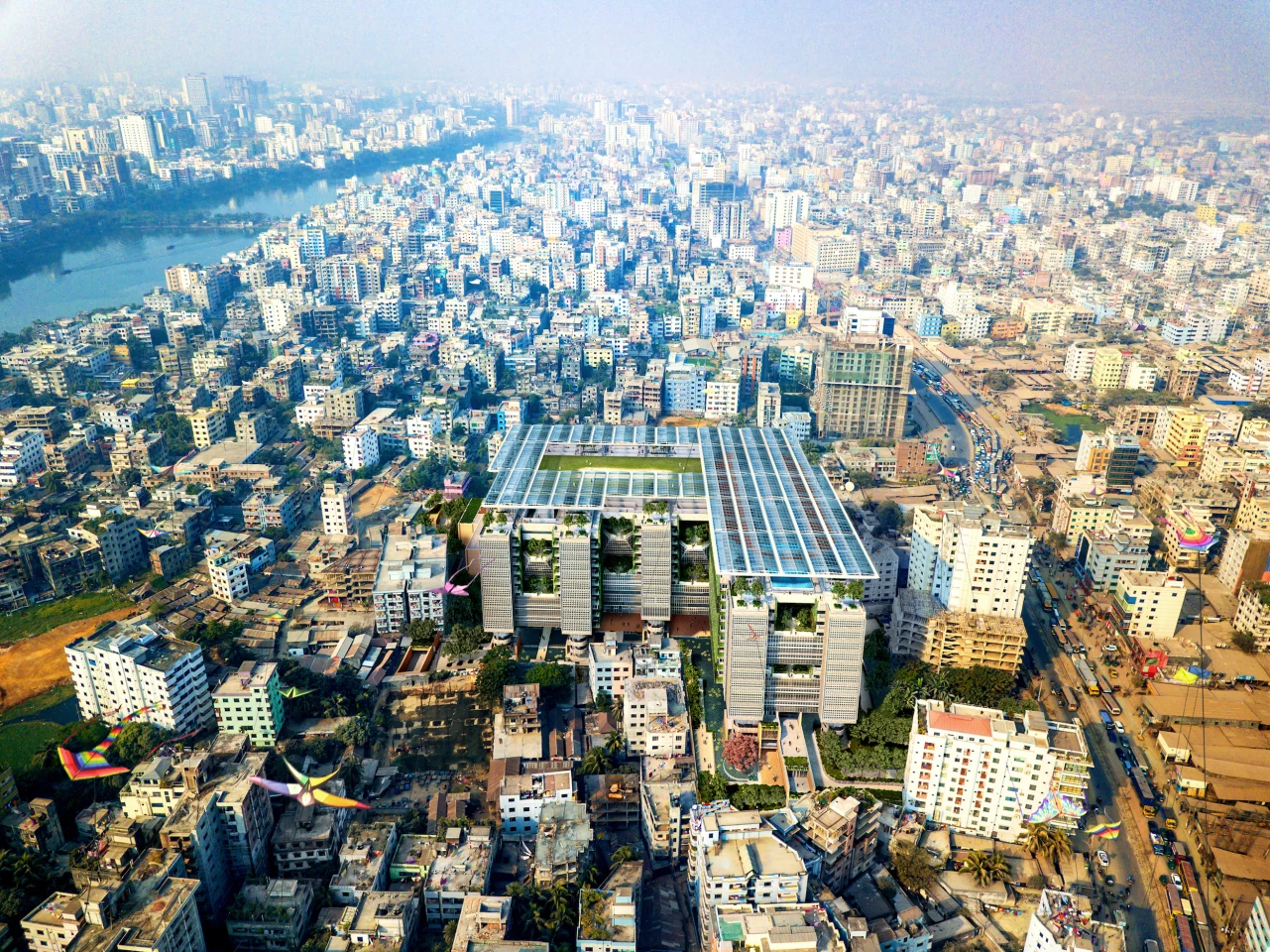 The BRAC University campus will be topped by a recreational field, swimming pool, and a running track, which will be shaded by a large solar panel array