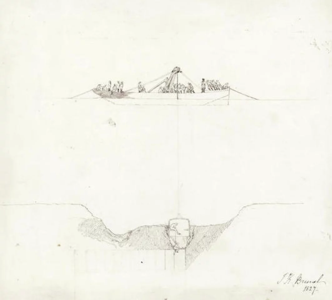 Isambard Kingdom Brunel's autograph drawing showing his descent in a diving bell to inspect damage to the shield of the Thames Tunnel after the flood of May 1827