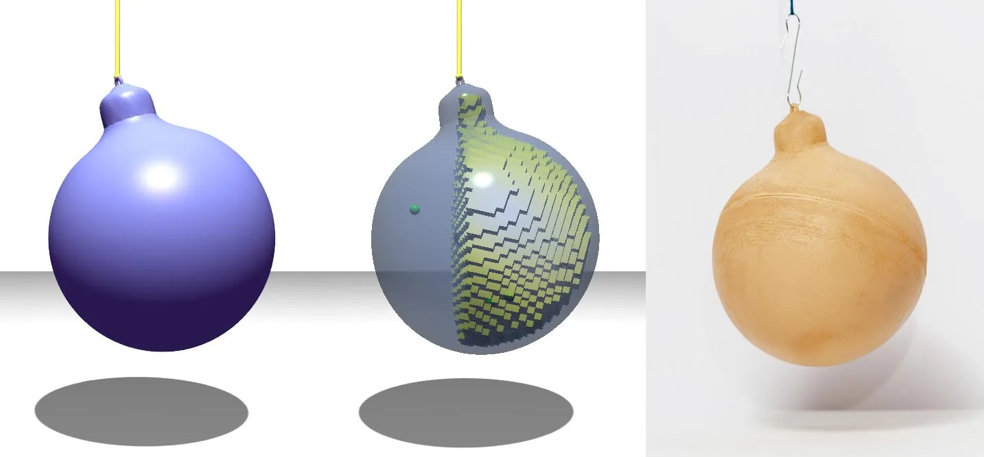 A spherical ornament hangs a little off-balance thanks to modifications made with Make It Stand