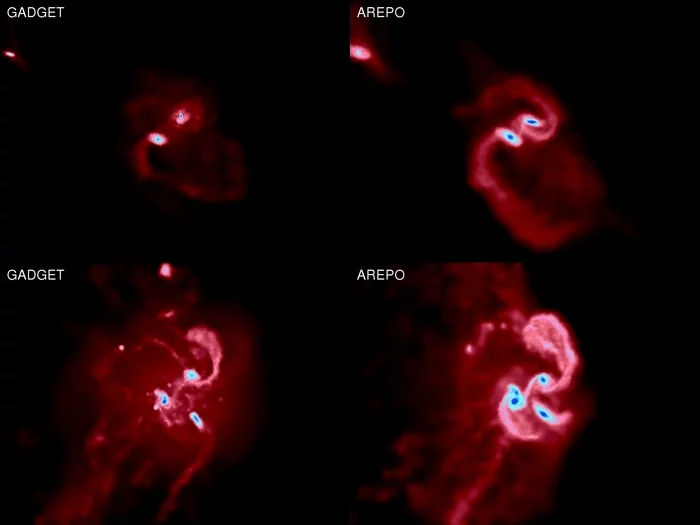 Colliding galaxies as simulated by GADGET (top) and AREPO (bottom). Note the greater production of elongated structures with angular momentum in the AREPO simulation (Image: Harvard-Smithsonian Center for Astrophysics)
