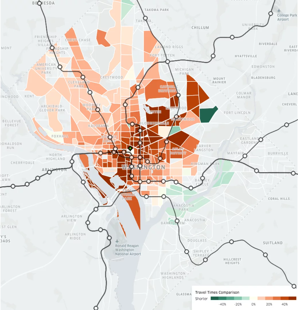 Uber Movement's analytics in Washington from a case study looking at the traffic congestion flow on effects from certain subway line shutdowns