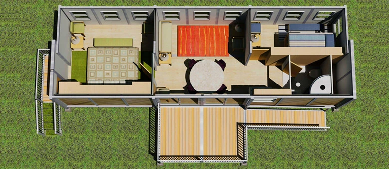 Perhaps best described as a larger, more adaptable version of the QuickHab, the SFH40 includes an air conditioning system, 30-US gallon (114-liter) hot water tank, heat pump, kitchen and bathroom