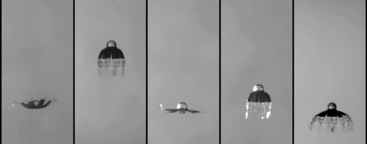 The five basic swimming modes for the jellyfishbot – from left to right: Biometric mode; Stronger contraction, Stronger recovery; Add extra glide phase and Small amplitude