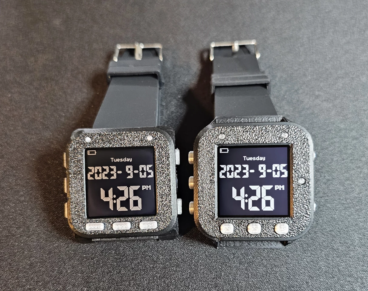 The Oscilloscope Watch wrapped in a slim (left) or standard (right) 3D-printed enclosure