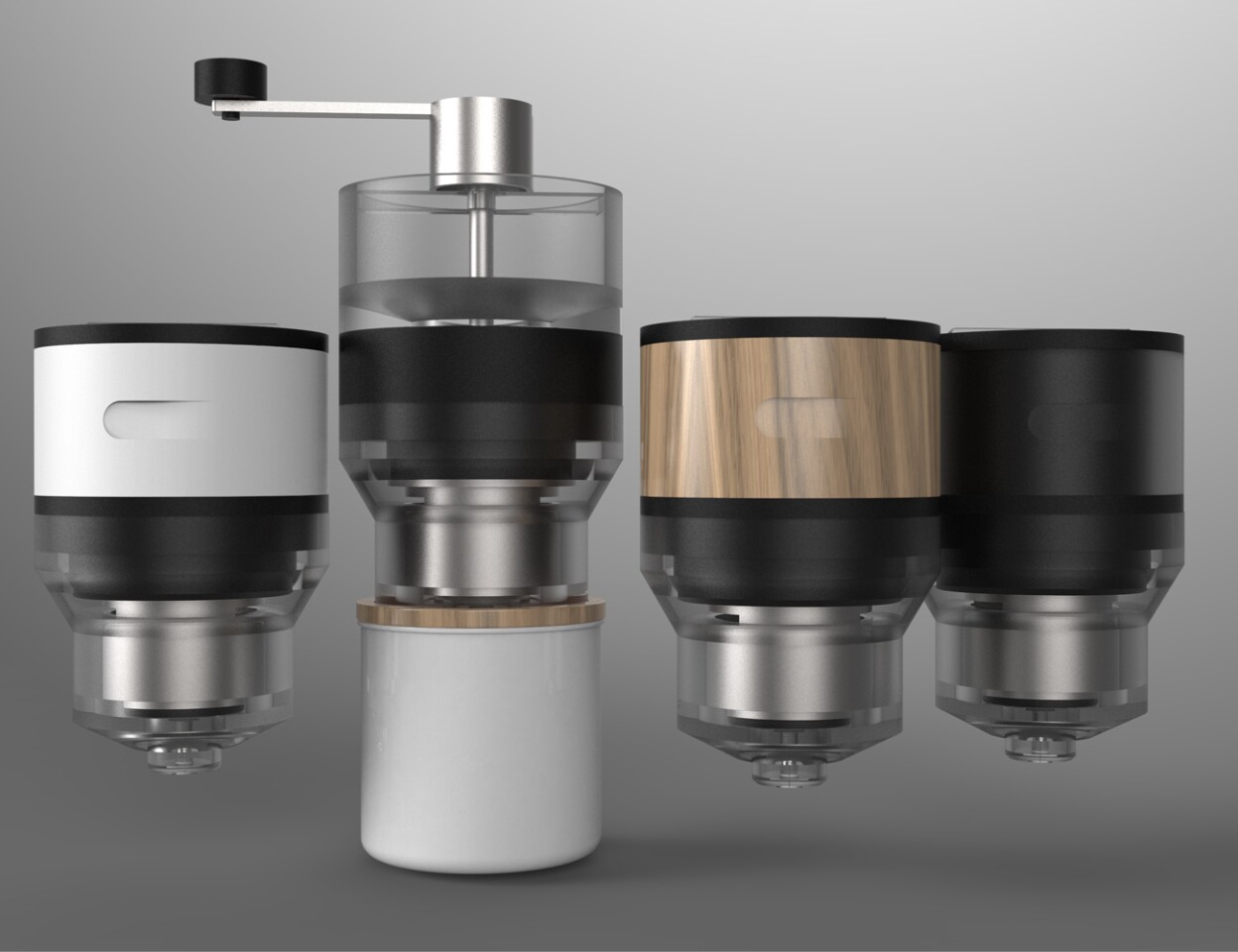 The Fuse press, grinder and frother, along with several grip styles