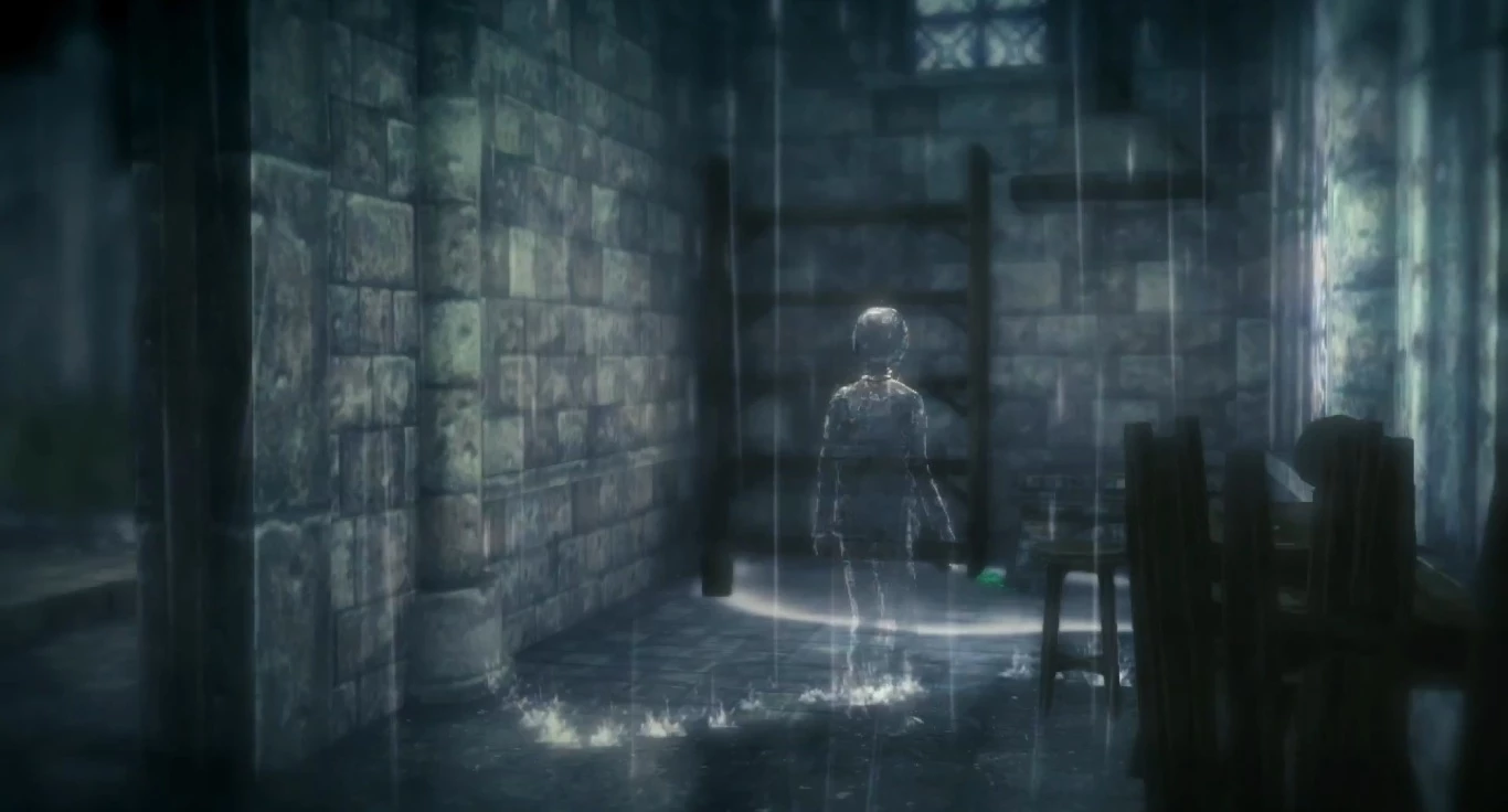 In rain, the main character's presence will mostly be shown as a silhouette in the rain, splashes in puddles, wet footsteps, and so on