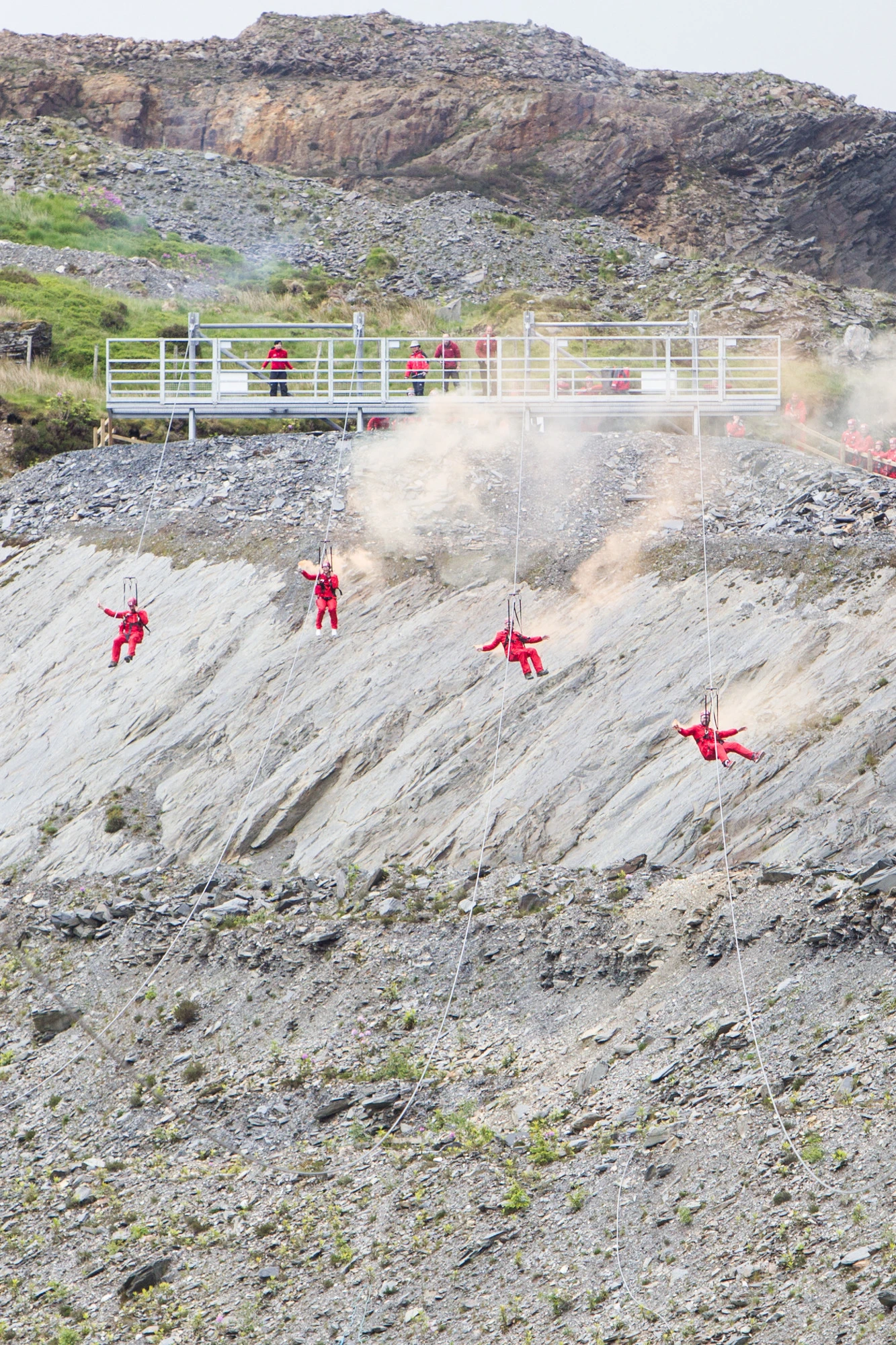 There are over 8 km of cable at Zip World and participants descend each zip line in teams of four