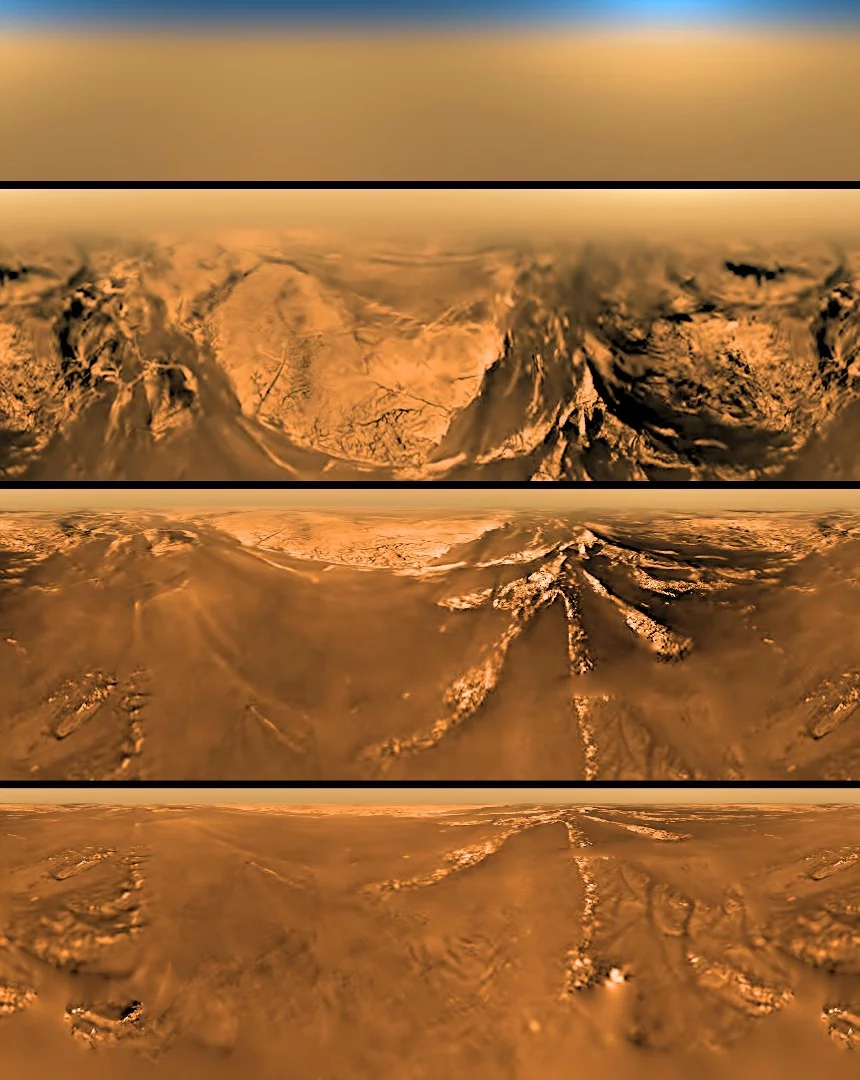Four images captured by the Huygens probe as it descended to the surface of Titan