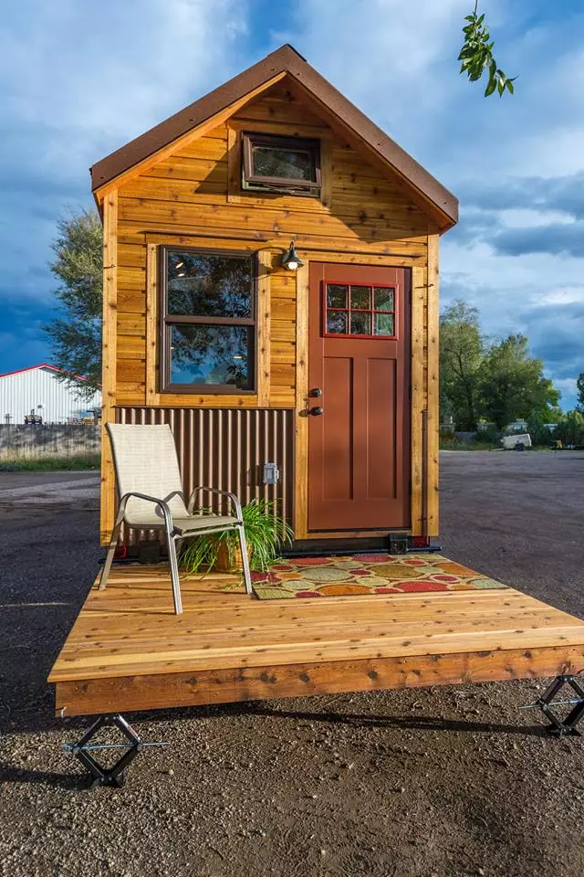 Davis's 22 ft Off-Grid Tiny Home with deck in lowered position