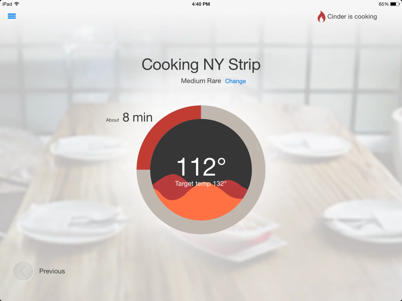 The Cinder Sensing Cooker app showing cooking temperature status