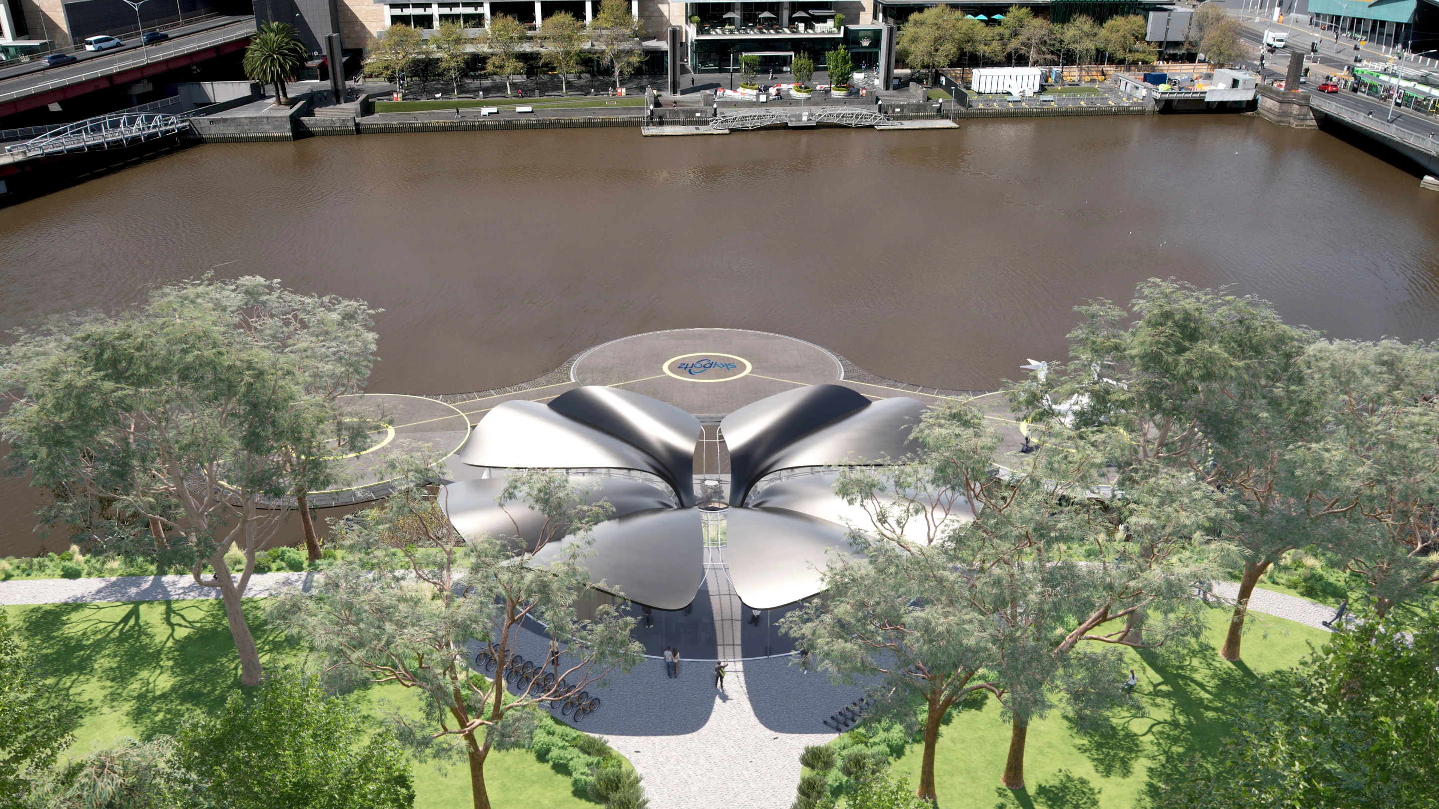 The Batman Park vertiport will be prefabricated and feature a glazed exterior with a segmented aluminum roof