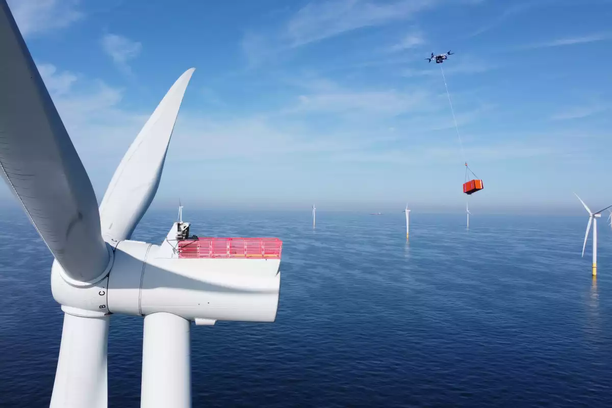 Heavy lift cargo drone carrying critical supplies to turbines at the Borssele 1&2 Offshore Wind Farm