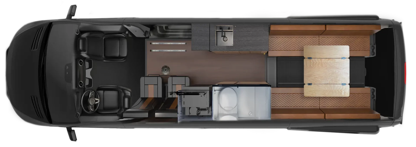 Camping day floor plan with rear lounge, open wet bath and two rear drive seats swung sideways