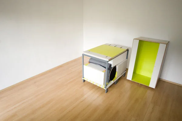 Casulo contains an armoire cupboard, desk table and cabinet, height-adjustable revolving chair, two stools and a bed with mattress